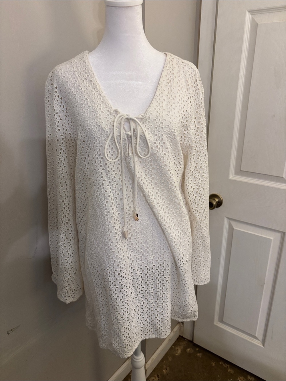 Lightweight Ivory Eyelet Swim Coverup with Tie V-Neck